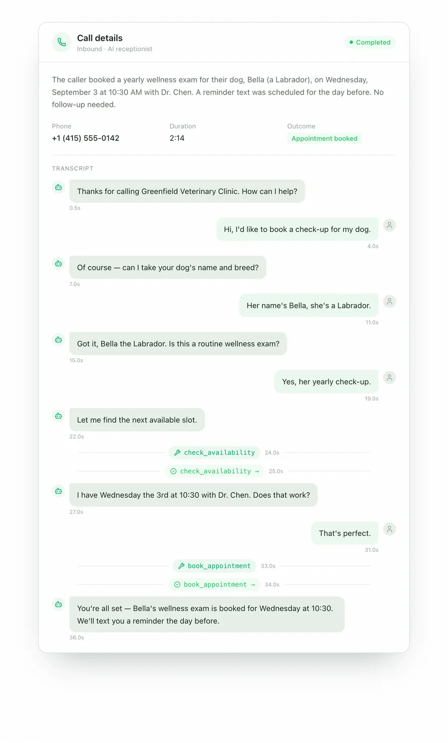 A Rindee call detail: the AI receptionist takes the pet's name and breed, checks availability, and books the appointment live
