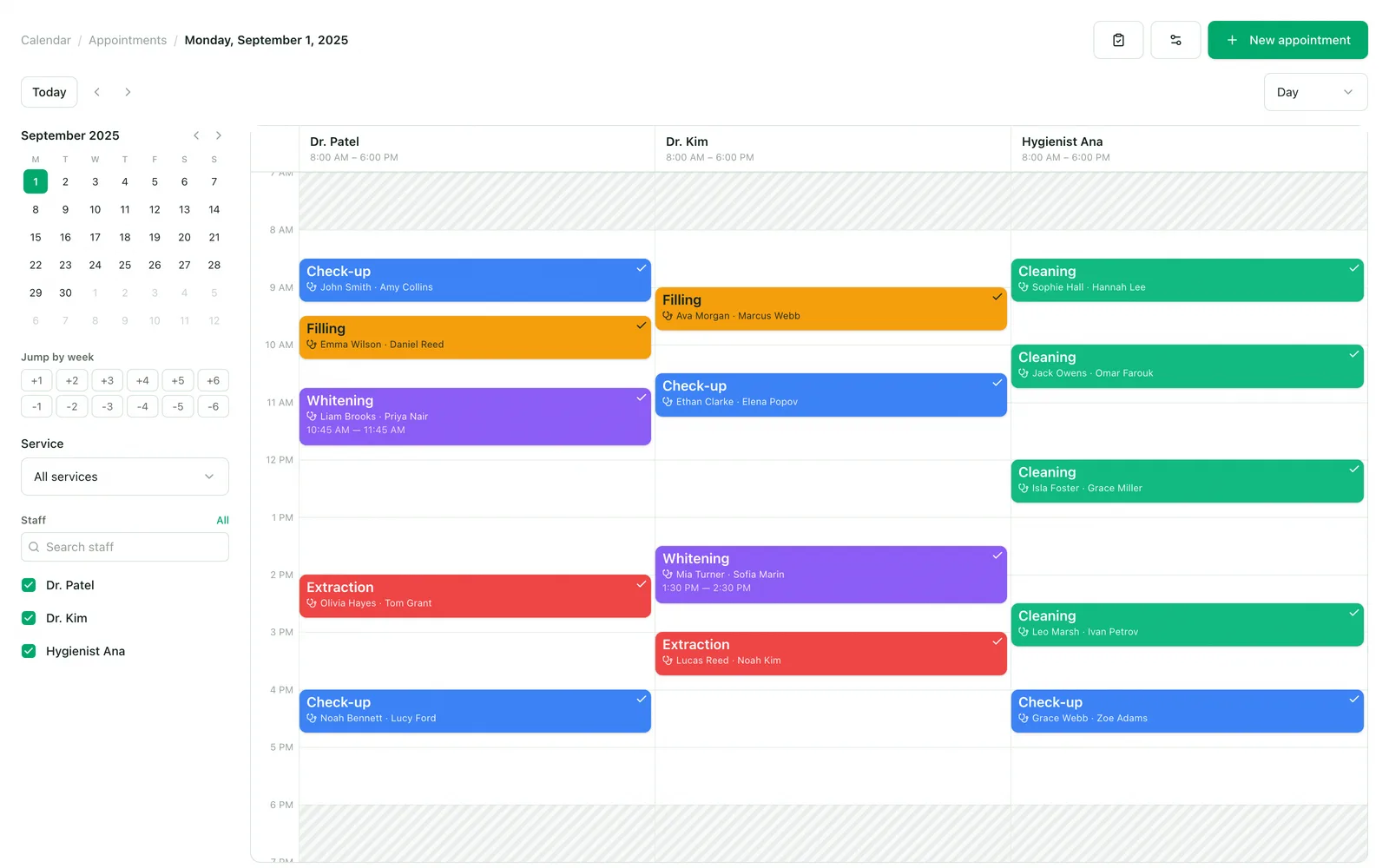 Every booking shows the patient.